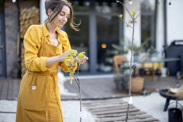 Dona de casa alegre no avental de jardineiro cuida de plantas — Fotografia de Stock