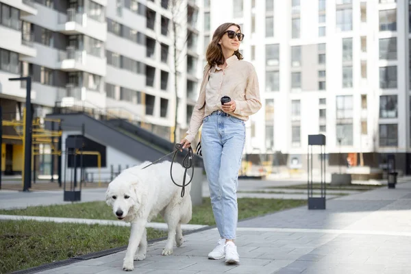 Mujer caminando con su gran perro blanco en la calle —  Fotos de Stock