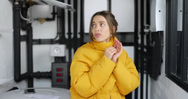Mujer ajusta la temperatura de calefacción en la sala de calderas — Vídeo de stock