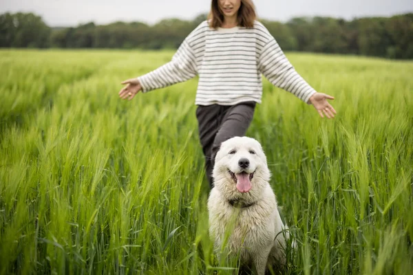 Femme détendue debout dans un champ vert et jouit d'une nature calme — Photo