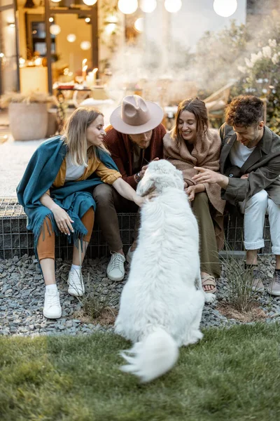 Vänner leker med en hund nära huset utomhus — Stockfoto