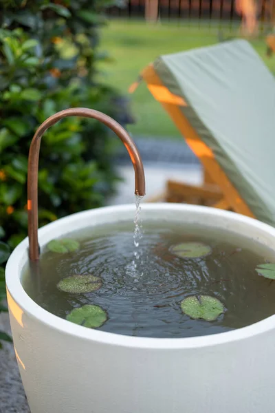 Kleiner Brunnen mit Seerosen in der Nähe von Sonnenliegen — Stockfoto