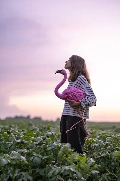 Pembe flamingolu kadın gün batımında sahada — Stok fotoğraf