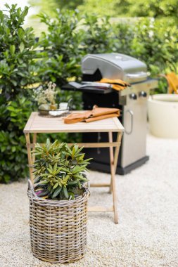 Arka bahçesinde barbekü ve yemek masası var.