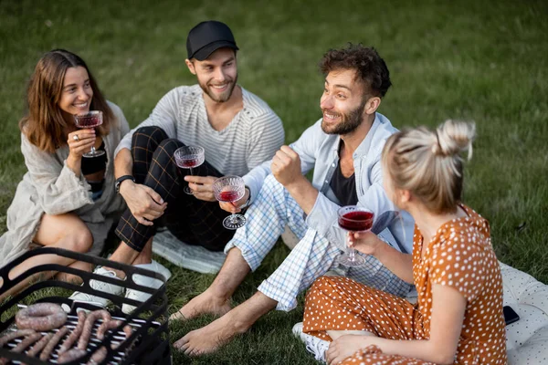 Amigos sentados juntos en el picnic con barbacoa y vino —  Fotos de Stock