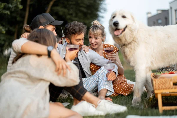 Piknikte köpeği olan arkadaşlar. — Stok fotoğraf