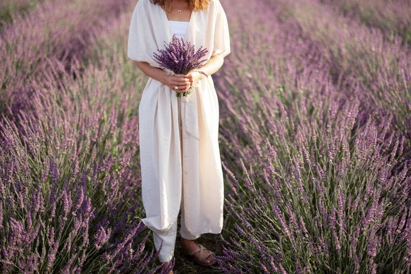 Bukett i handen på blommande lavendel fält — Stockfoto