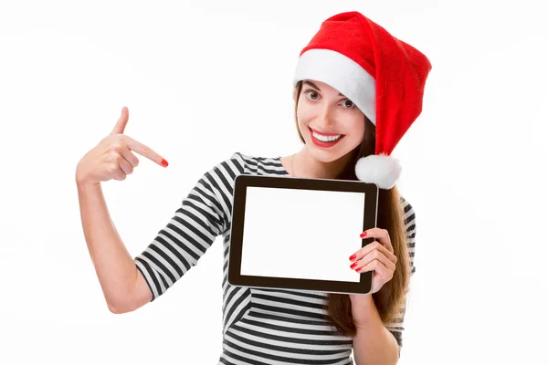 Jonge vrouw met digitale tablet op Kerstmis — Stockfoto