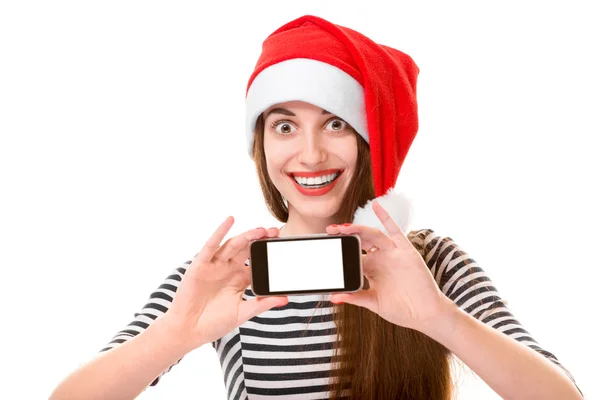 Jovem com telefone celular no Natal — Fotografia de Stock