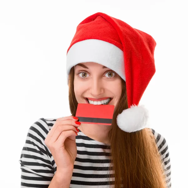 Mulher com cartão de crédito no Natal — Fotografia de Stock