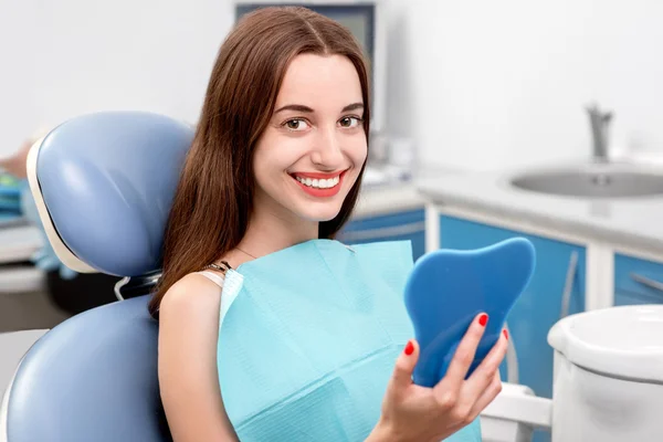 Молода жінка пацієнт відвідує стоматолога в стоматологічному кабінеті — стокове фото