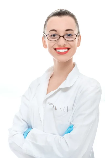 Retrato de jovem médico no fundo branco — Fotografia de Stock