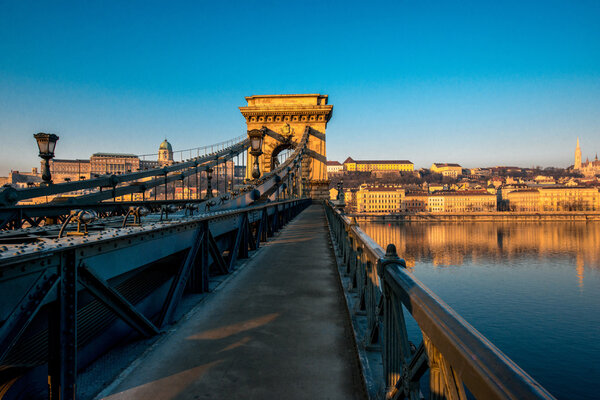 Hungarian Szechenyi Chain Bridge early in the morning in Budapest
