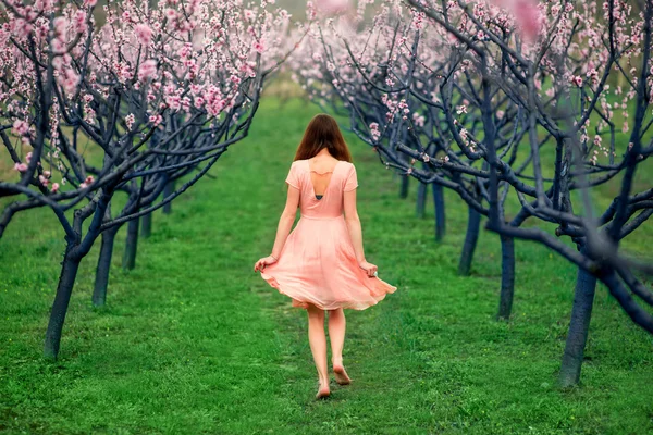 Kobieta korzystających wiosna w polu zielonym z kwitnących drzew — Zdjęcie stockowe