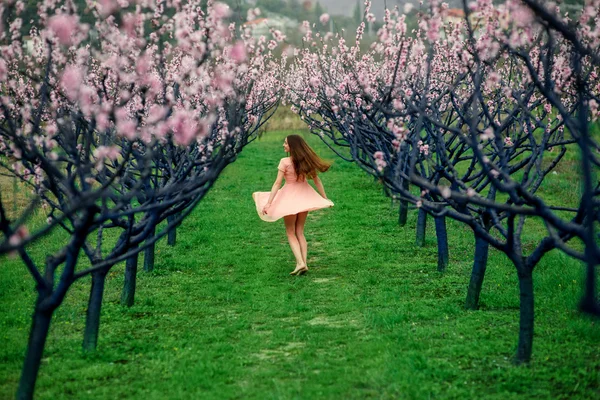 Kvinna som njuter av våren i det gröna fältet med blommande träd — Stockfoto
