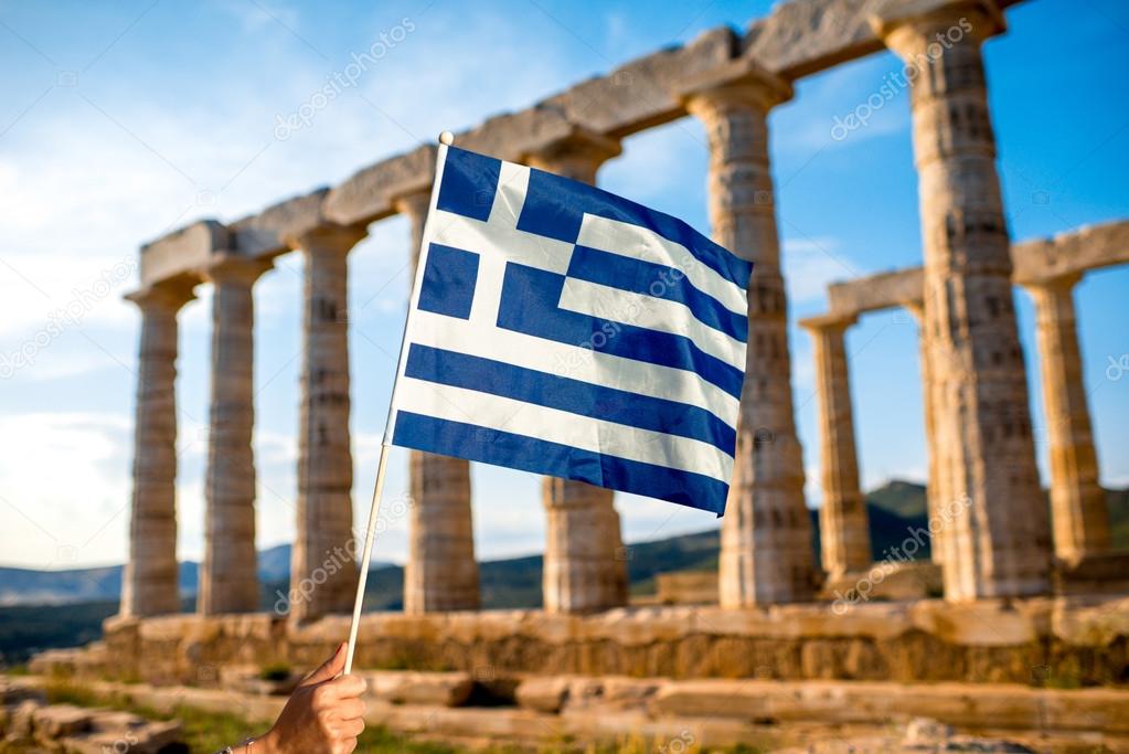 Greek flag on Poseidon temple background