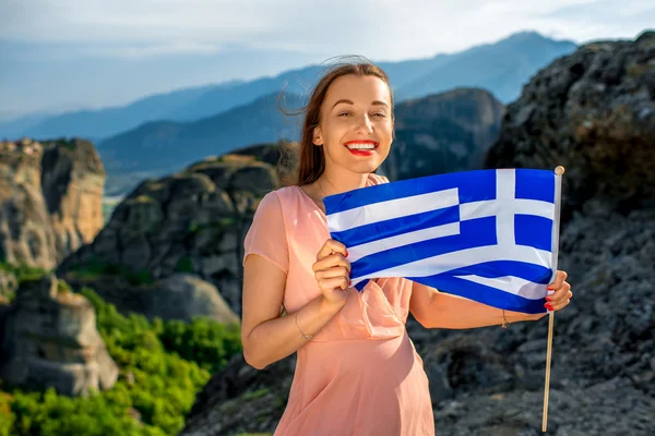 希腊国旗的女人 — 图库照片