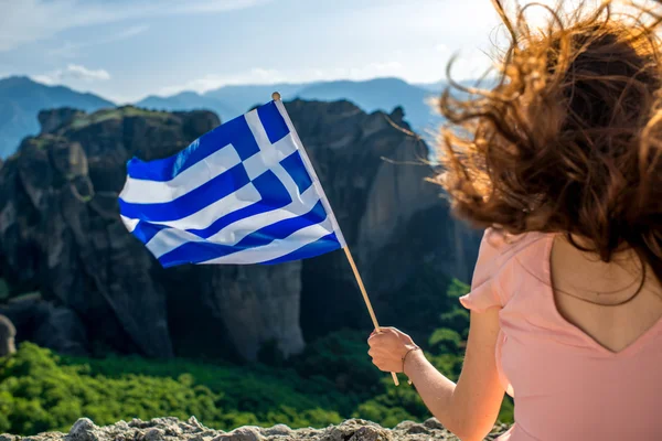 Mulher com bandeira grega — Fotografia de Stock