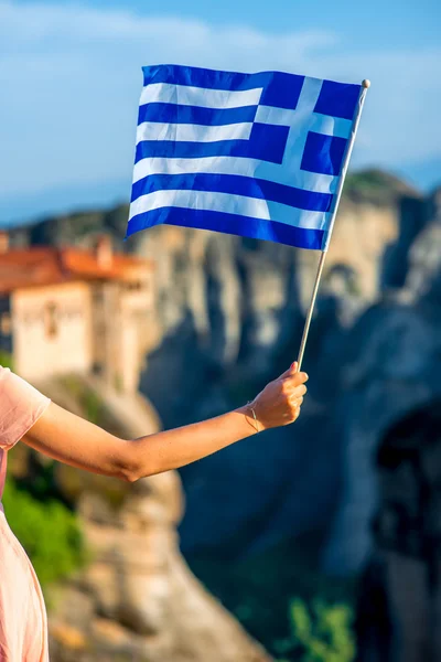 Greek flag on the mountains background — Stock Photo, Image