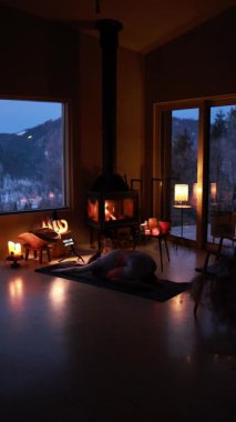 Kışın, sıcacık bir dağ evinde şöminenin yanında yoga yapan bir kadın. Sıcak mum ışığı, sakin atmosfer, yavaş yaşam tarzı, akşam rahatlığı.