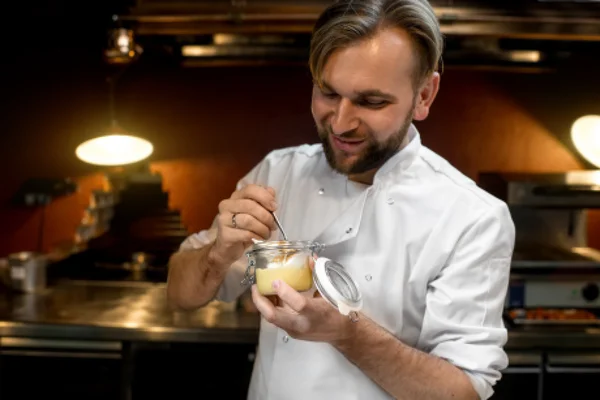 Chef cook tasting lemon dessert — Stock Fotó