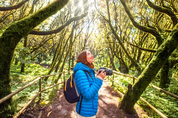 Femme voyageant forêt à feuilles persistantes — Photo