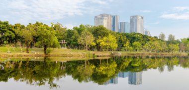 Arka bina ile mavi gökyüzü altında Şehir Parkı. Panorama