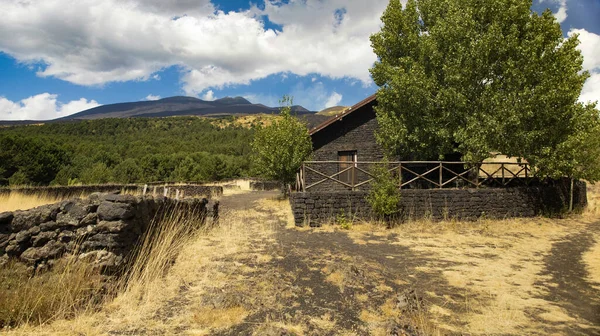 Güneşli bir günde sığınak ve krater manzaralı Etna volkanı manzarası ve bulutlu mavi gökyüzü.