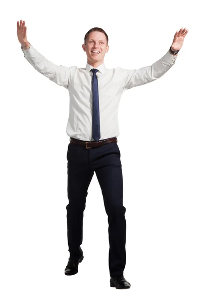 Framgångsrik affärsman med uppåtgående hand - isolerad på vit — Stockfoto