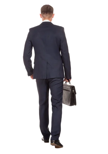 Uomo d'affari con valigetta piedi su bianco — Foto Stock
