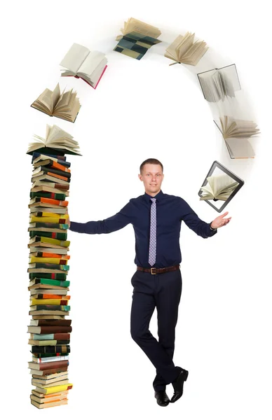 Young man and big pile of books, on white — Stock Photo, Image