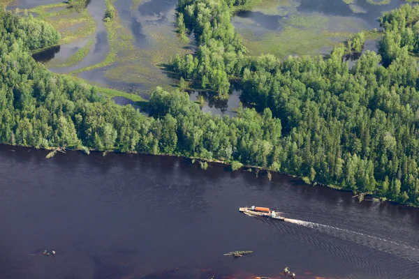 Barge with vehicle on the river, top view — Stock Photo, Image