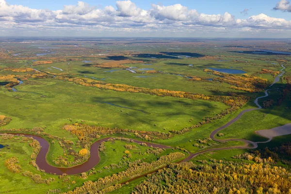 Ovanifrån äng floden i höst — Stockfoto