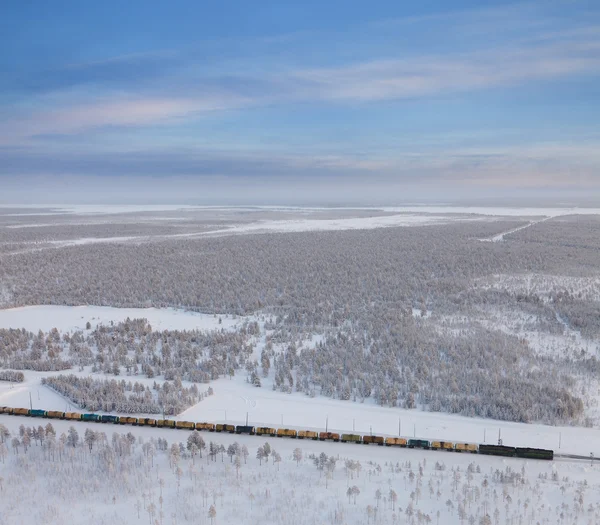 Ferrovia con treno merci in inverno vista superiore — Foto Stock