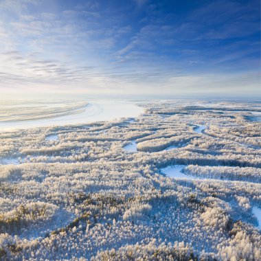 Soğuk kış günü, üstten görünüm sırasında orman Nehri