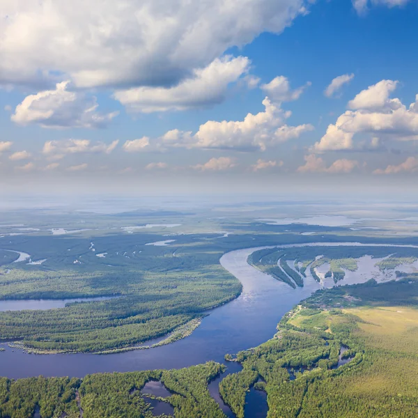 Лесная река в наводнение, сверху посмотреть — стоковое фото