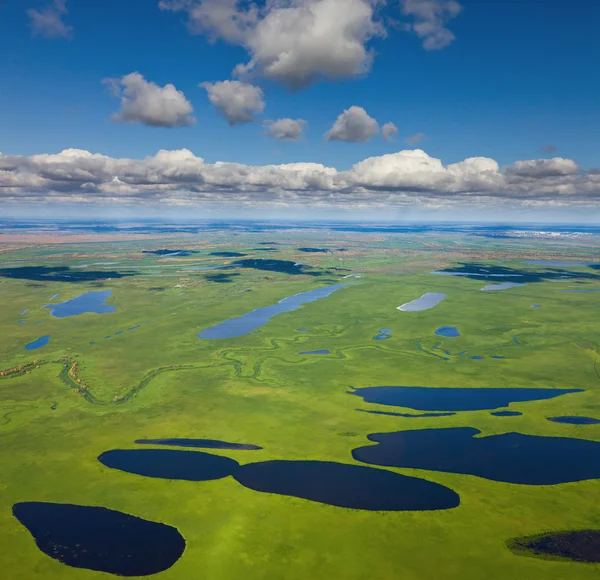 Vue de dessus de plaine verte avec des lacs — Photo