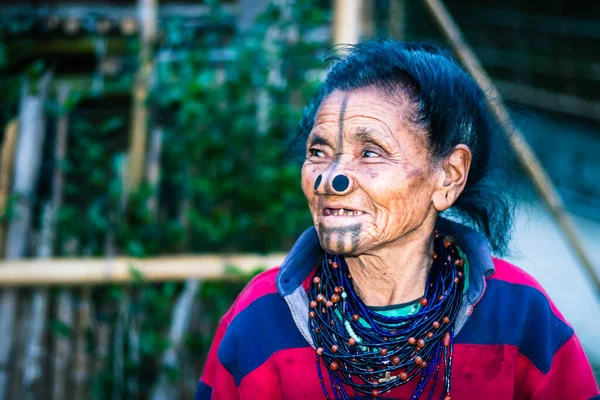 Apatani Tribal Women Facial Expression Her Traditional Nose Lobes Blurred —  Fotos de Stock