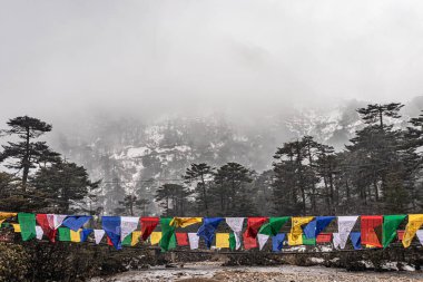 Sabah görüntülerinde Budist dua bayraklarıyla kaplı kar örtüsü dağları Madhuri Gölü Tawang Arunachal Pradesh 'te çekildi..