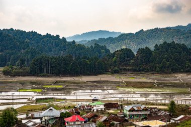 Kırsal bölge çeltik tarlaları ve dağ manzaralı köy Ziro Arunachal Pradesh Hindistan 'da çekilmiştir..