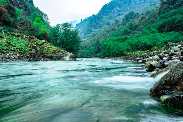 Dağ Vadisinde Akan Nehir Gündüz Düz Açılı Orman — Stok fotoğraf