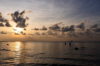 Sakin okyanus suyu plaj titreşimleri ve gün doğumunda siluet.