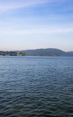 Sakin okyanus ve ağaçlarla kaplı uzak ada yumuşak bulutların altında