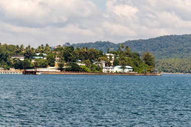 Manzaralı okyanus manzaralı uzak ormanlık ada ve gün doğumunda sakin sular