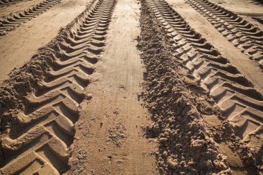 Kumda tekerlek izleri var. Uzağa gidiyor.