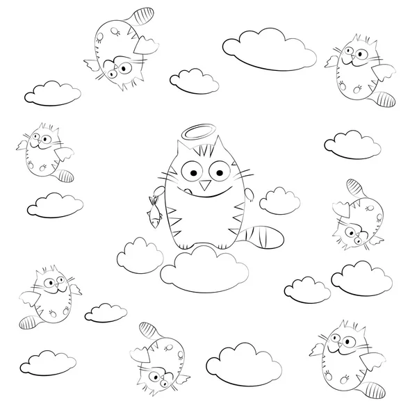 Cat in the clouds surrounded by flying cat — Stock Vector