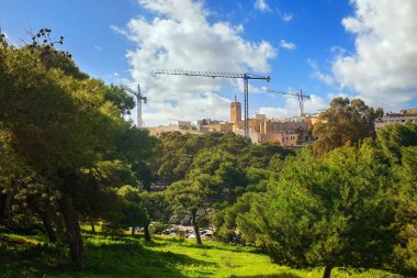 Mimari ve inşaat vinçleriyle çevrili Bakire Meryem 'in heykeli ile birlikte yemyeşil ağaçların arasından şehrin ufuk çizgisine doğru manzaralı bir manzara. Malta.