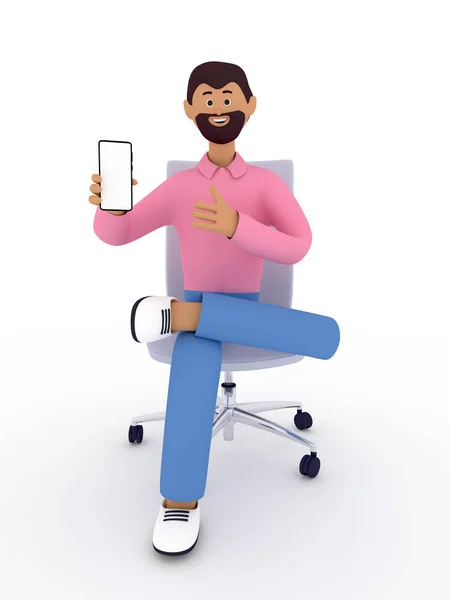 Милый бородатый мужчина сидит на стуле, держа в руках мобильный телефон и улыбаясь. Интернет-серфинг, использование Интернета и концепция интернет-коммуникации. Макет. Трехмерная иллюстрация. — стоковое фото