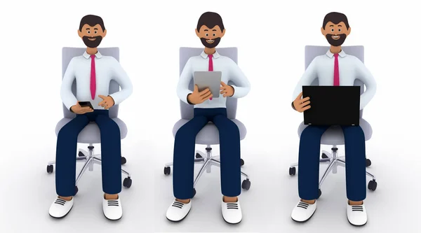 Счастливый бизнесмен с бородой сидит на стуле, держа ноутбук, планшет, телефон. Онлайн-работа, использование Интернета и концепция интернет-общения. Трехмерная иллюстрация. — стоковое фото