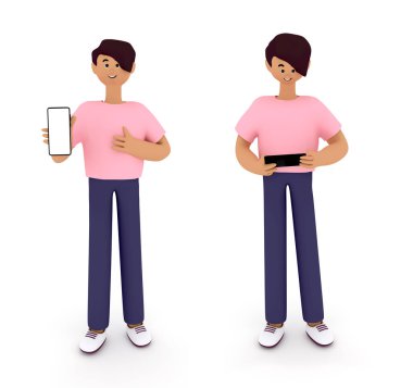 Şirin çocuk ayakta duruyor, telefonu tutuyor, reklam ya da ihlal için boş ekran gösteriyor. Sosyal medya iletişimi ve internet sörfü kavramı. 3d resimleme